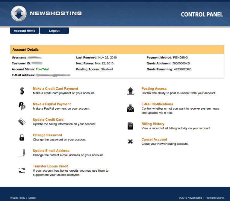Newshosting control panel