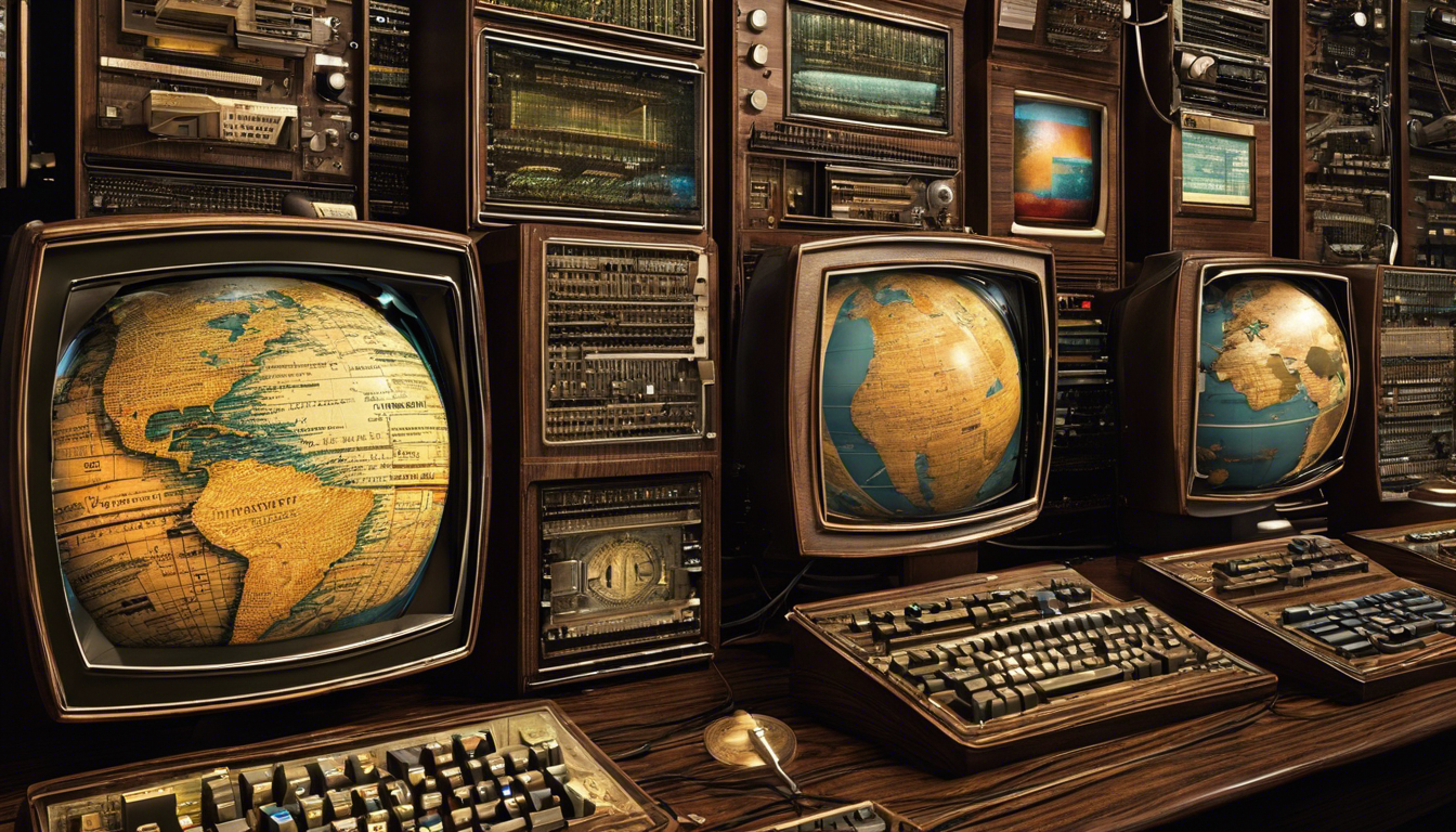 Ze an array of vintage computers displaying various newsgroup interfaces, connected by swirling digital threads, on a backdrop of a globe to signify global communication
