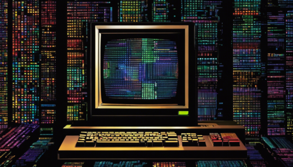 E an image of a vintage computer screen glowing in a dark room, displaying abstract, pixelated art, with shadows of archived floppy disks and early internet symbols lurking in the background