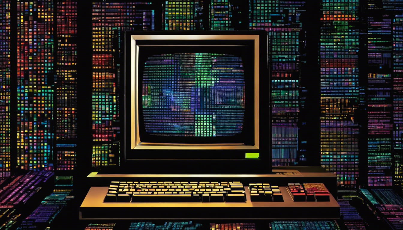 E an image of a vintage computer screen glowing in a dark room, displaying abstract, pixelated art, with shadows of archived floppy disks and early internet symbols lurking in the background