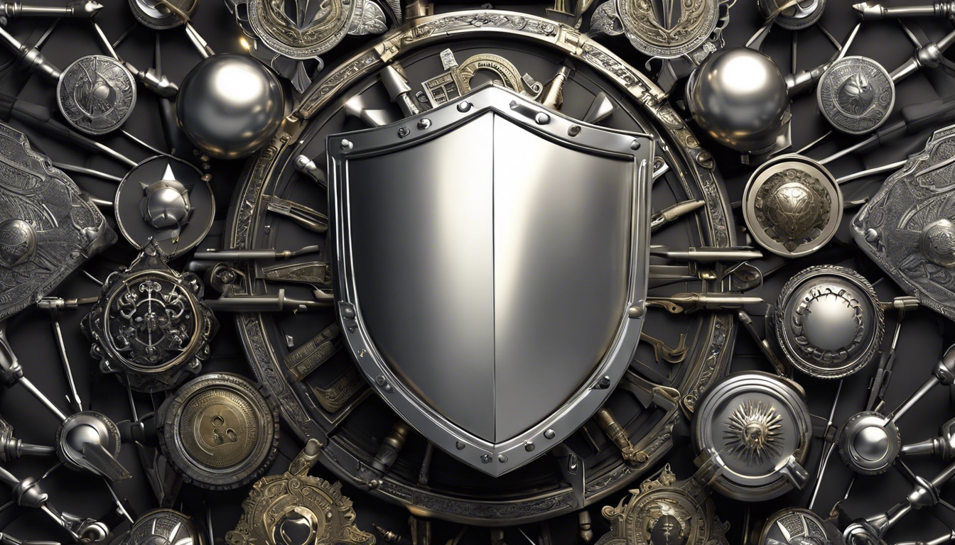 E browser surrounded by shields, locks, and a cloak to symbolize protection, with various extension icons subtly integrated into the armor-like embellishments, all against a background suggesting digital security