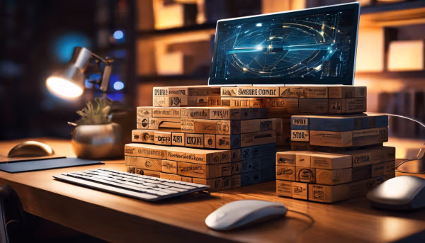 A digital illustration featuring stacked wooden blocks, each with different provider logos, on a computer desk with a vintage computer and a background of glowing network connection lines